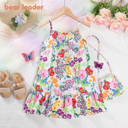 Girl Dresses Bear Leader Children's Wear 2024 Summer Girls' Flower Print Sleeveless Strap Fashion Dress Kids Beach Holiday