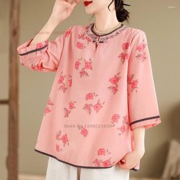 Ethnic Clothing 2024 Chinese Vintage Hanfu Tops National Flower Print Loose Blouse Oriental Streetwear Feminino Improved Folk