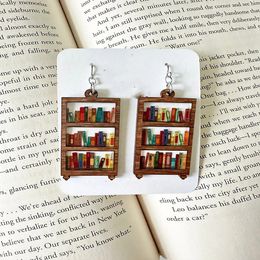 Creative Acrylic Library Bookshelf Print Earrings for Woman Book Lovers Geometry Round Teardrop Wood Pendant Jewelry