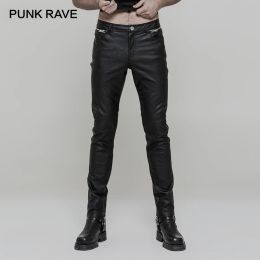 Pants PUNK RAVE Men Heavy Metal Punk Rock Straight Leg Slim Leather Pants Black PU Trousers