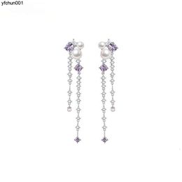 Designer Ziluo Fanxing Series Long Tassel Earrings Womens French Artificial Pearl Silver Needle Purple