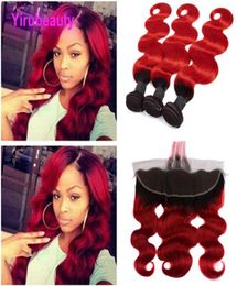 Indian Raw Human Hair 3 Bundles With 13X4 Lace Frontal Body Wave 1BRed Ombre Hair Wefts With Frontal 3 Pieces2855841