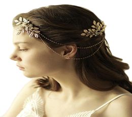 Boho Gold Crystal Tassel Metal Chain Layer Olive Leaf Headband Bride Wedding Hair Jewelry3179777