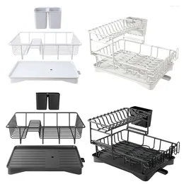 Kitchen Storage Double-layer Bowl Drying Rack Metal Drain Basket Rust-Proof With Wine Glass Holder Automatic Drainage System For Counter