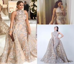Champagne Sequined Applique Mermaid Overskirts Evening Dresses 2023 Yousef Aljasmi Dubai Arabic High Neck Plus Size Prom Party Dre1382968