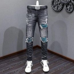 Men's Jeans Street Fashion Men Buttons Retro Black Gray Elastic Skinny Fit Ripped Patched Designer Hip Hop Brand Pants