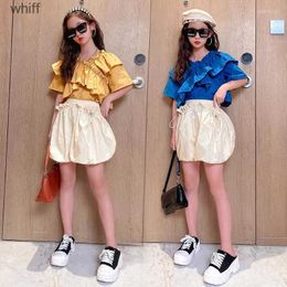 Clothing Sets Clothing Sets Summer Girls Suits Fashion Short Sleeve Bloomers Two Pieces Suit For Kids Teen Blue Yellow Children 13 14 Y C240413