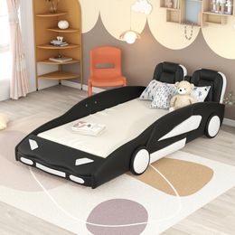Twin Size Race Car-Shaped Kids Platform Bed with Wheels, Cool Design, Solid Construction, Crafted from pine wood, MDF and PU