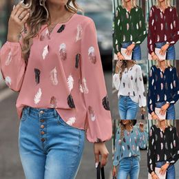 Women's T Shirts 2024 Fashion V-neck Feather Print Long Sleeve Loose T-shirt Tops Printed Top