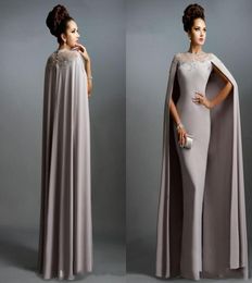 2020 New Cheap Long Mermaid Evening Dresses With Cape Illusion Neck Lace Mother of the Bride Dresses Long Formal Party Prom Gowns 8776348