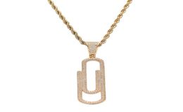 Pendant Necklaces Hip Hop Prong Setting CZ Stone Bling Out Solid Pin Paper Clip Pendants Necklace For Men Rapper Jewelry Gold Silv5737864