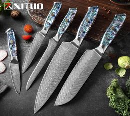 Damascus Steel knife Set Kitchen Chef Knife Japanese Steel VG10 Super sharp Santoku Knives Boning knife Exquisite Shell Handle New3955307