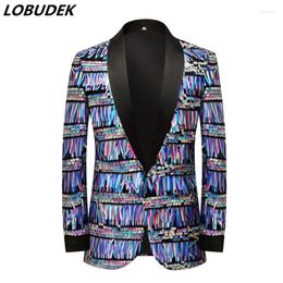 Stage Wear Fashion Singer Concert Glitter Sequins Blazers Colourful Blue Mirror Tassel Tuxedo Suit Jackets Prom Party Show Costume