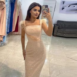 Party Dresses Sevintage Sparkly Champagne Beading Sequined Pearls Mermaid Prom Feathers Sleeveless Evening Gowns Formal Dress