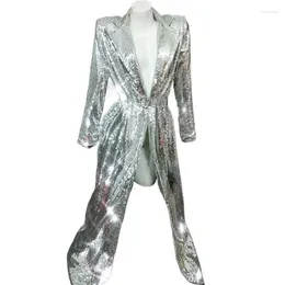 Stage Wear Fashion Buttonless Women Shiny Sequins Long Coat Female Singer Nightclub Concert Performance Silver Cloak Dance Costume