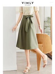 Skirts Vimly Women's Green A-line Umbrella Skirt 2024 Summer In Fashion Solid Elastic High Waist Drape Lace-up Casual Midi