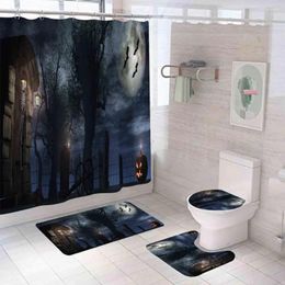 Shower Curtains Bedroom Decoration Halloween Castle Pumpkin Curtain Set Waterproof Design With Non-slip Rugs Toilet Lid Cover Bath Mat