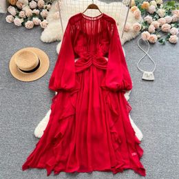 Casual Dresses Summer Chiffon Loose Sundress Women O Neck Long Puff Sleeves Irregular Ruffles Ruched Zipper Solid Elegant Party Dress