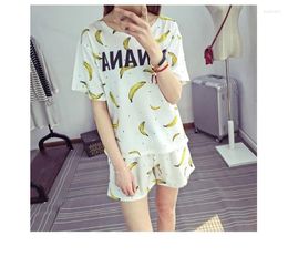 Home Clothing Womens Pyjama Sets Polyester Short-Sleeve Top And Shorts Set Banana Letter Print Drawstring Waist Female Sleepwear