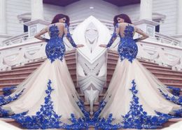 2021 New Dubai Mermaid Prom Dresses Royal Blue Lace Appliques Sheer Sexy See Through Back Long Sleeves Vestios De Fistea Evening G1593507