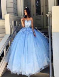 Abendkleider Sweet 16 Prom Dresses Sweetheart 3DApplique Sky Blue Tulle Quinceanera Dresses Long Party Formal Gowns3752883