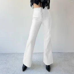 Women's Pants Women European And American High Waisted Bootcut Stretch Metal Hole Strap Pu Imitation Leather Fashion Slacks