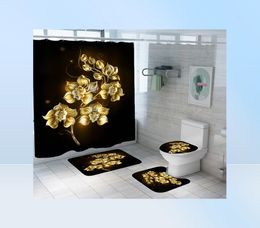 Shiny Blue Golden Rose Waterproof Shower Curtain Set Toilet Cover Mat Nonslip Bath Rugs Bathroom Valentine039s Day Christmas De6028070