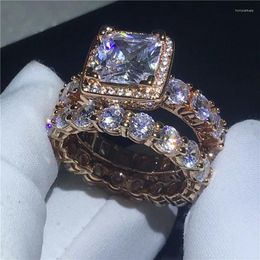 Cluster Rings Handmade Engagement Wedding Band Set For Women Men Zircon Cz Rose Gold Filled Ring Bridal Jewellery Gift