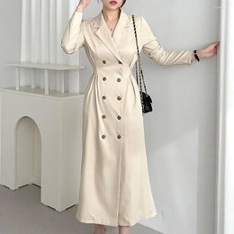 Casual Dresses Korean Vintage Autumn Spring Office Ladies Long Clothes Elegant Women Notched Collar Double-Breasted Lace Up Khaki Coat