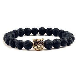 Beaded 8Mm Black Natural Vocanic Rock Owl Beads Bracelets Chakra Lava Stone Men Women Bracelet Strand Strength Costume Jewelry Drop D Dhwk1