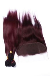 Wine Red Human Hair Bundle Deals with Frontal Closure Straight 99J Burgundy 13x4 Ear to Ear Lace Frontal Closure with Virgin Hair4860917