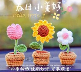 Decorative Flowers HandmadeKnitted Small Pot Plant DIY Mini Flower Wool Crochet Material Package Finished Product Office Decoration Car