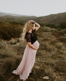 Romantic Pink Two Piece Prom Dresses Black Top Lace Short Sleeve Sheer Neck Cheap Country Bridesmaid Maternity Dress Boho Beach 205557006