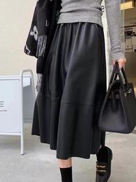 Skirts Winter Pleated Skirt Women Pu Leather High Waist Long Ladies Retro Korean Office A-Line Maxi Black Jupe