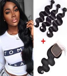 Brazilian Body Wave Human Hair Weaves 3 Bundles With 4x4 Lace Closure Bleach Knots Straight Loose Deep Wave Curly Hair Wefts With 8645728