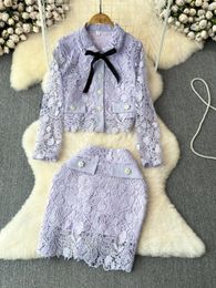 Work Dresses Embroidered Bow Two Piece Sets Soft Gentle Style Purple Jacket Mini Bodycon Skirt Set Women Vintage Summer Outfit 2024