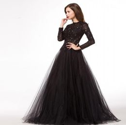 2019 Schwarze Abendkleider mit langem Ärmel Neuankömmling Eine Linie formelle Abendabschlusskleider Langer Robe Soiree Longue Abend Prom DRES3213290