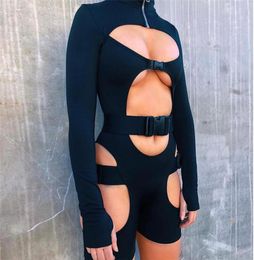 Women Bodycon Buckle Cut Out Biker Rompers Sexy Long Sleeves Hollow Out Clubwear Bodysuit One Piece Short Jumpsuit Pants8184046