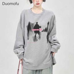 Mens Hoodies Duomofu Y2k Aesthetic Graphic Grey Sweatshirts Women Korean Style White Long Sleeve Pullover Harajuku Streetwear Oversize Tops 240412