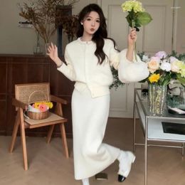 Work Dresses Two-piece Set Of Women V-neck Knitted Sweater Skirt Small Fragrant Style Suit Retro Gentle Commuting Mid-length Autumn