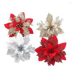 Decorative Flowers 12 Pcs Glitter Poinsettia 5.5" Artificial Christmas Xmas Tree Ornaments For Wedding Party Wreath Decoration