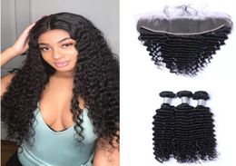 Brazilian Deep Wave Human Hair Weaves 3 Bundles with 13x4 Lace Frontal Ear to Ear Full Head Natural Colour Can be Dyed1571580