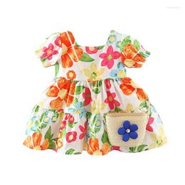 Girl Dresses Infant Baby Girls Princess Dress Flower Print Square Neck Short Sleeve Summer Sweet Cute With Straw Weave Bag
