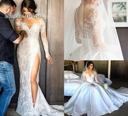 2019 Satin Sheath Bride Dress with Overskirt Hight Split Beach Sexy Long Sleeves Backless Evening Wear Formal Gown Highend Weddin7692762