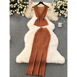 Work Dresses Summer Elegant Skirts Suit For Women Fashion Design Zipper Deep V-neck Knitted Tops Tight Hip Slim Skirt Female Two-piece