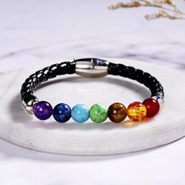 Charm Bracelets 7 Chakra Stone For Women Men Buddha Bless Healing Balance Beads Reiki Prayer Leather Rope Bracelet Jewelry Gift