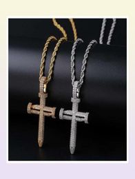 hip hop nail cross diamonds pendant necklaces for men luxury crystal pendants copper zircons 18k gold platinum plated lovers chain7608050