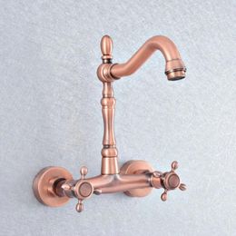 Kitchen Faucets Antique Red Copper Swivel Spout Sink Faucet Wall Mount Bathroom Basin Cold Water Taps Dsf863