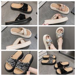 New Luxury Thick soled cross strap cool slippers women Exquisite sequin sponge cake sole one line trendy slippers