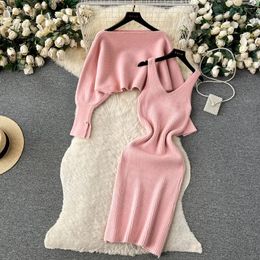 Work Dresses Knitted Matching Sets Women Batwing Long Sleeve Cropped Sweater Pullover And Ribbed Bodycon Midi Dress Two Piece Set